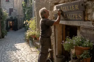 Artisan elder cleans workshop sign in sunlit Ardèche village alley, surrounded by stone walls and wildflowers, end-of-day light creating a peaceful, authentic mood.