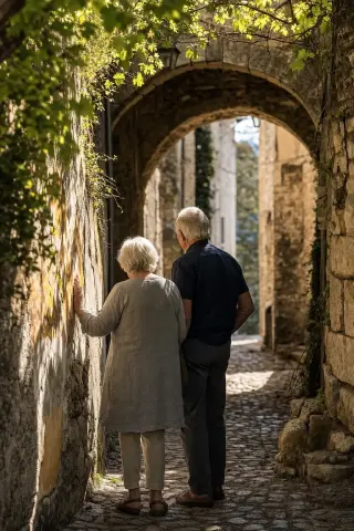 Two elderly locals pause in a shaded medieval alleyway, sunlight filtered through vines, in an authentic Drôme village.
