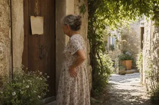 Older woman reading a note on an old wooden door in a sunlit stone alley, village atmosphere, soft afternoon light, subtle and authentic mood.