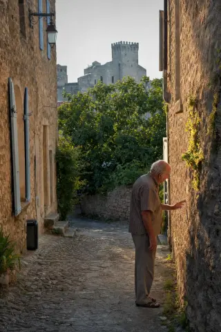 Elderly local in earth-toned clothes touches a mossy wall in a stone alley of Rochemaure at sunset, with castle silhouette framed by fig trees, in warm, natural light.