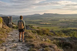 Quiet morning scene in Drôme provençale with a lone hiker from behind on a stone path near old ruins, golden dawn light over vineyards and hills.