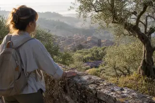 Woman in hiking clothes quietly observes Nyons from a stone terrace shaded by ancient olive trees, with morning mist and lavender in the distance.