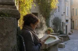 A woman in profile reads quietly near an old stone fountain in a sunlit cobbled street, with vines and traces of thermal steam creating a peaceful village ambiance.