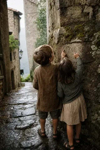 Two children explore a mossy medieval alley in a Drôme village, tracing ancient carvings on a wet stone wall after summer rain, bathed in gentle, diffused late afternoon light.
