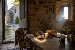 Warm sunlight filters into a rustic stone guest room with a simple wooden table set for breakfast and a sweater draped over a chair, suggesting a tranquil start in a historic lodging.