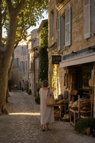 A narrow stone street in Grignan at sunset, woman in linen dress facing away, quiet village atmosphere with soft golden light on old facades and market baskets.